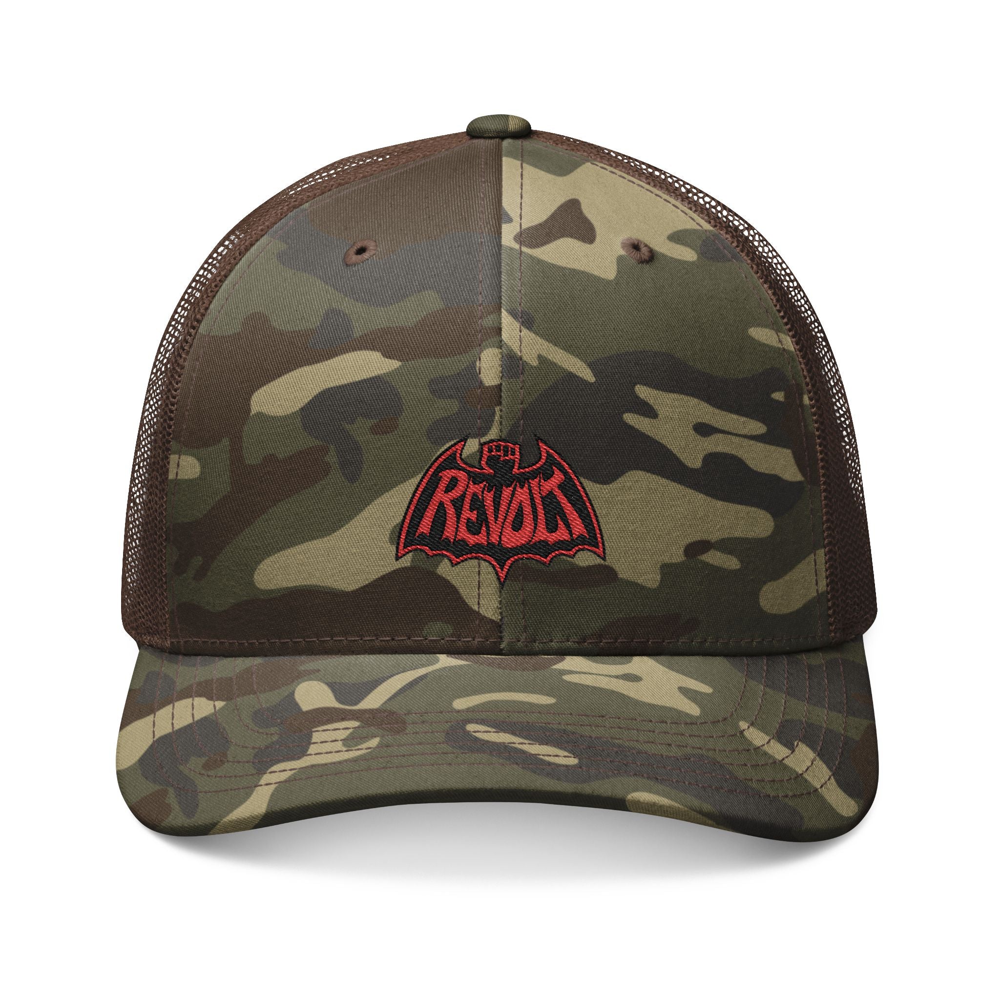 Camo Trucker Hat — Embroidered Black & Red Revo Bat-Fist