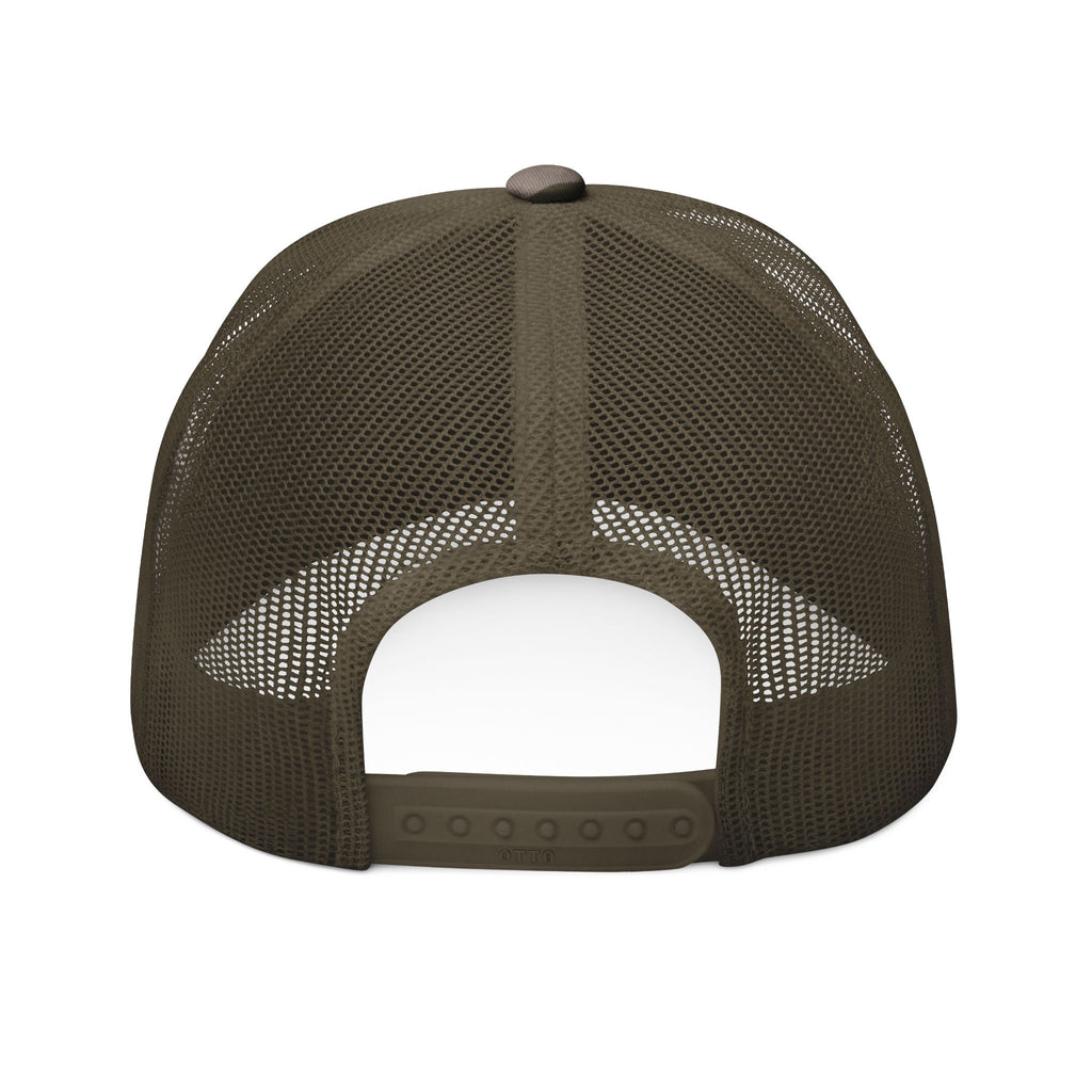 Camo Trucker Hat — Embroidered Black & Red Revo Bat-Fist Logo