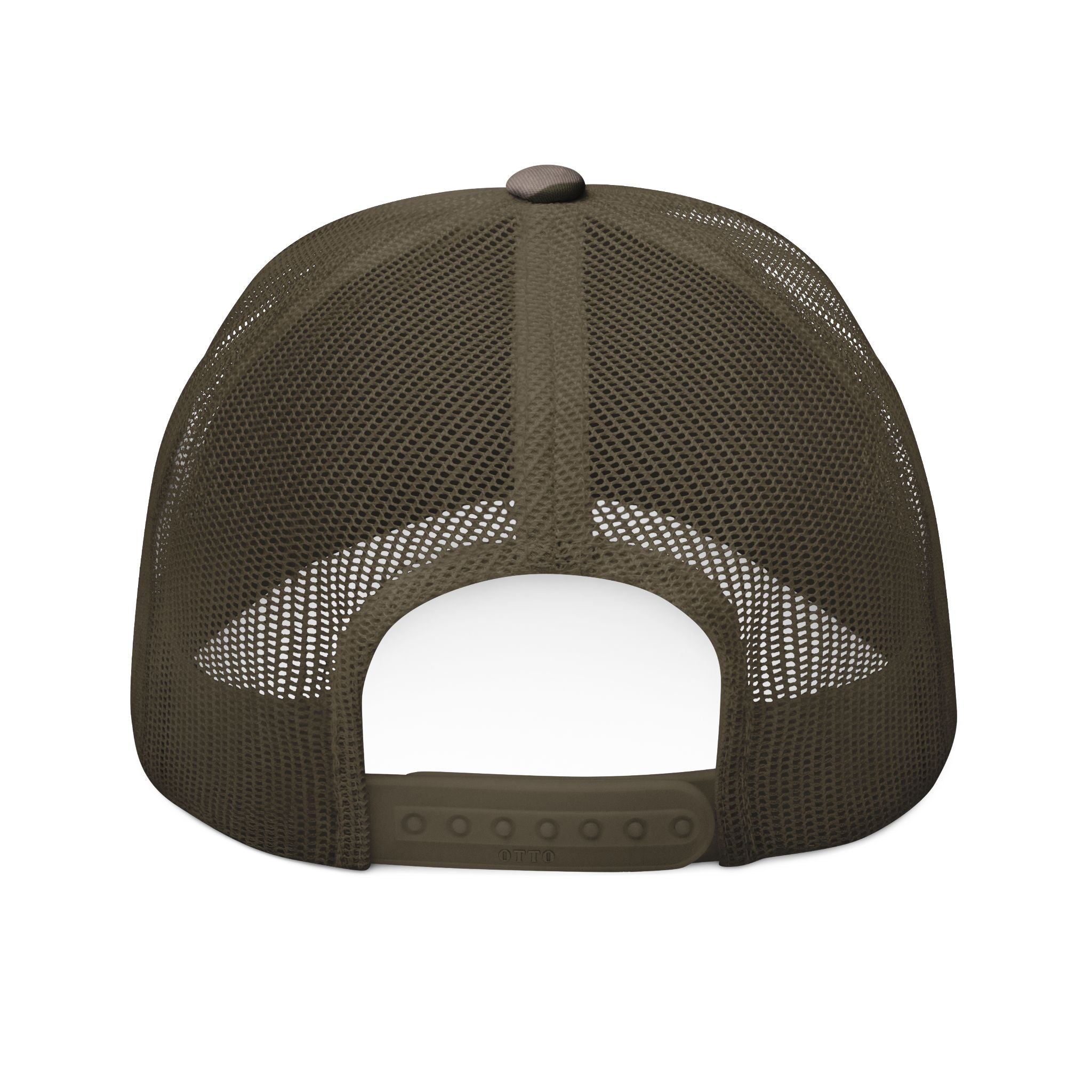 Camo Trucker Hat — Embroidered Black & Red Revo Bat-Fist Logo