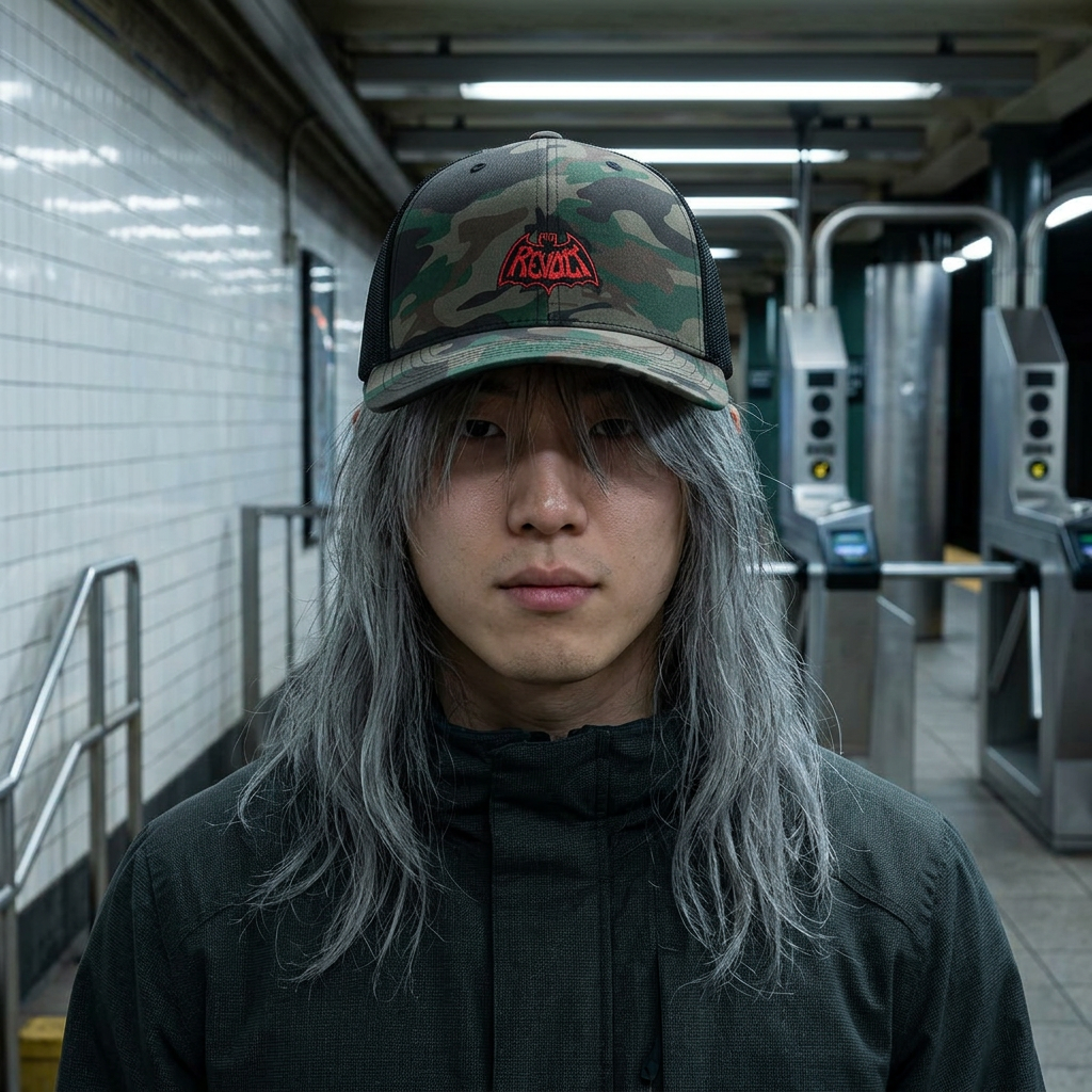 Camo Trucker Hat — Embroidered Black & Red Revo Bat-Fist Logo