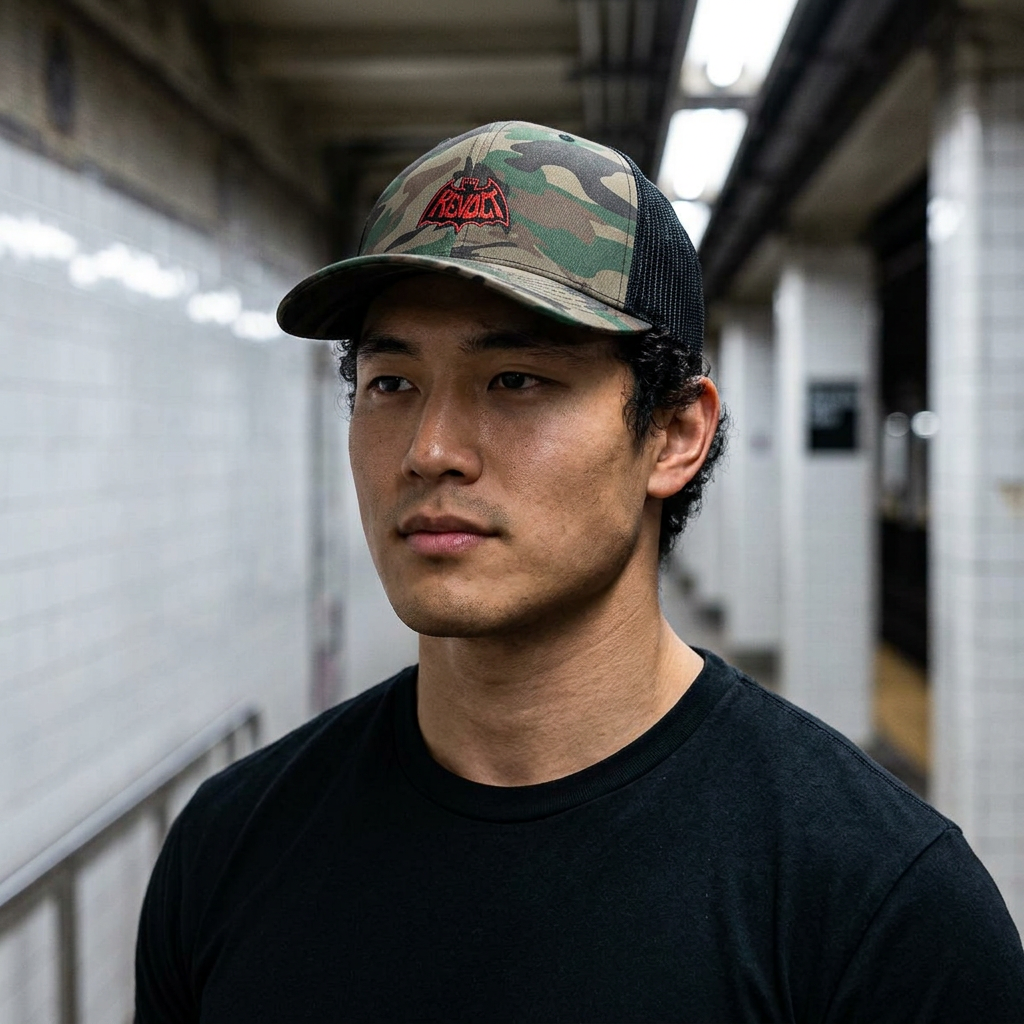 Camo Trucker Hat — Embroidered Black & Red Revo Bat-Fist