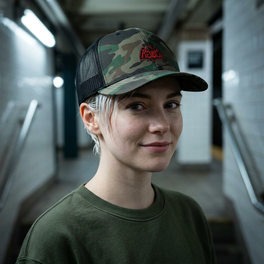 Camo Trucker Hat — Embroidered Black & Red Revo Bat-Fist