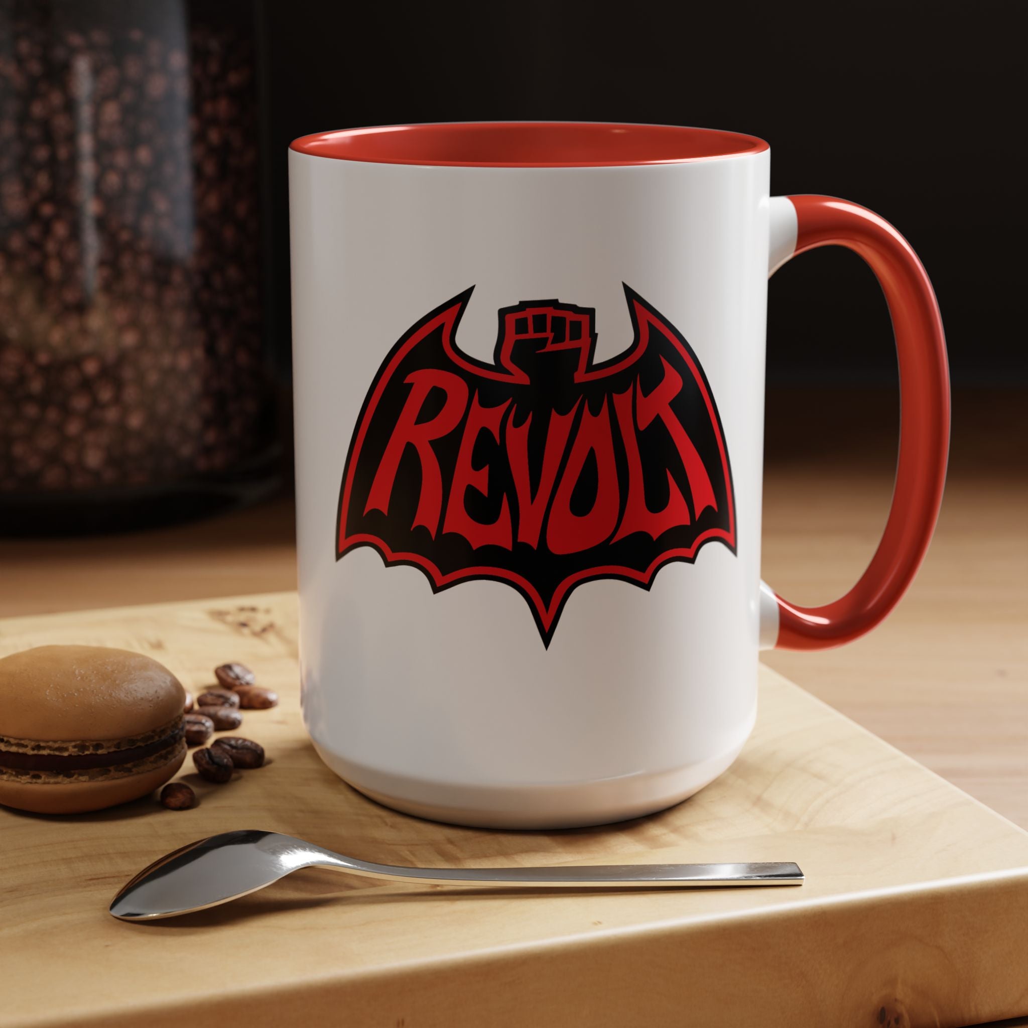 Revolt Bat Coffee Mug — Bold Red & Black Accent Mug with Raised Fist Design