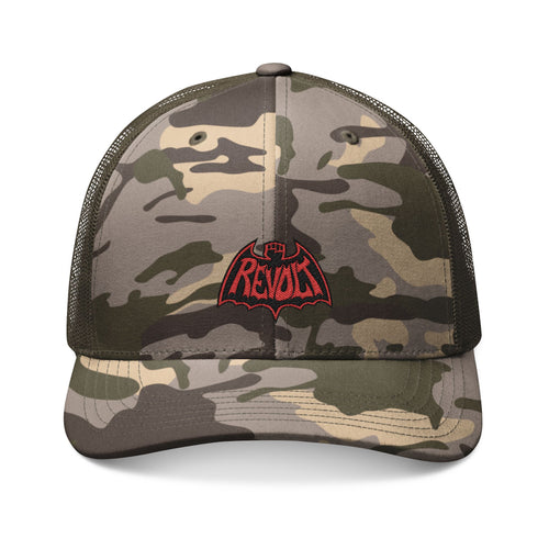 Camo Trucker Hat — Embroidered Black & Red Revo Bat-Fist Logo