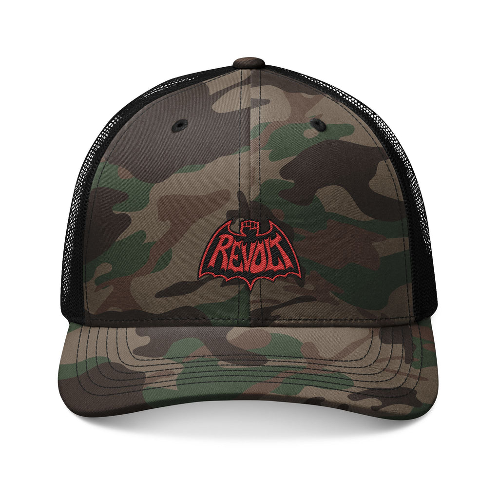 Camo Trucker Hat — Embroidered Black & Red Revo Bat-Fist Logo