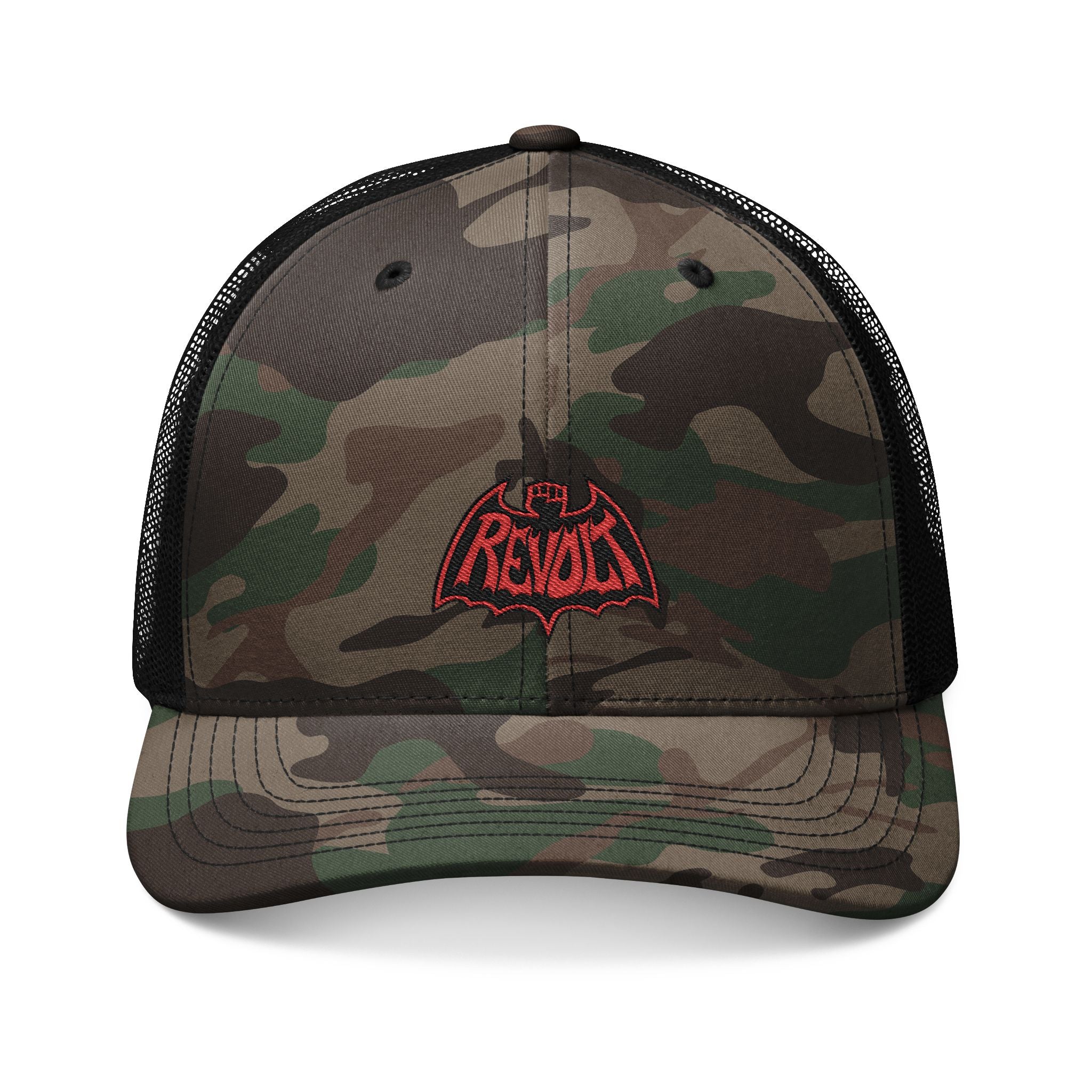 Camo Trucker Hat — Embroidered Black & Red Revo Bat-Fist Logo