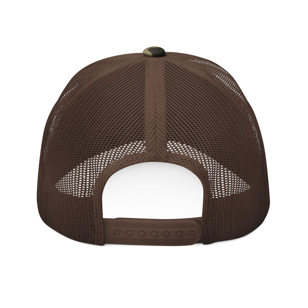 Camo Trucker Hat — Embroidered Black & Red Revo Bat-Fist Logo