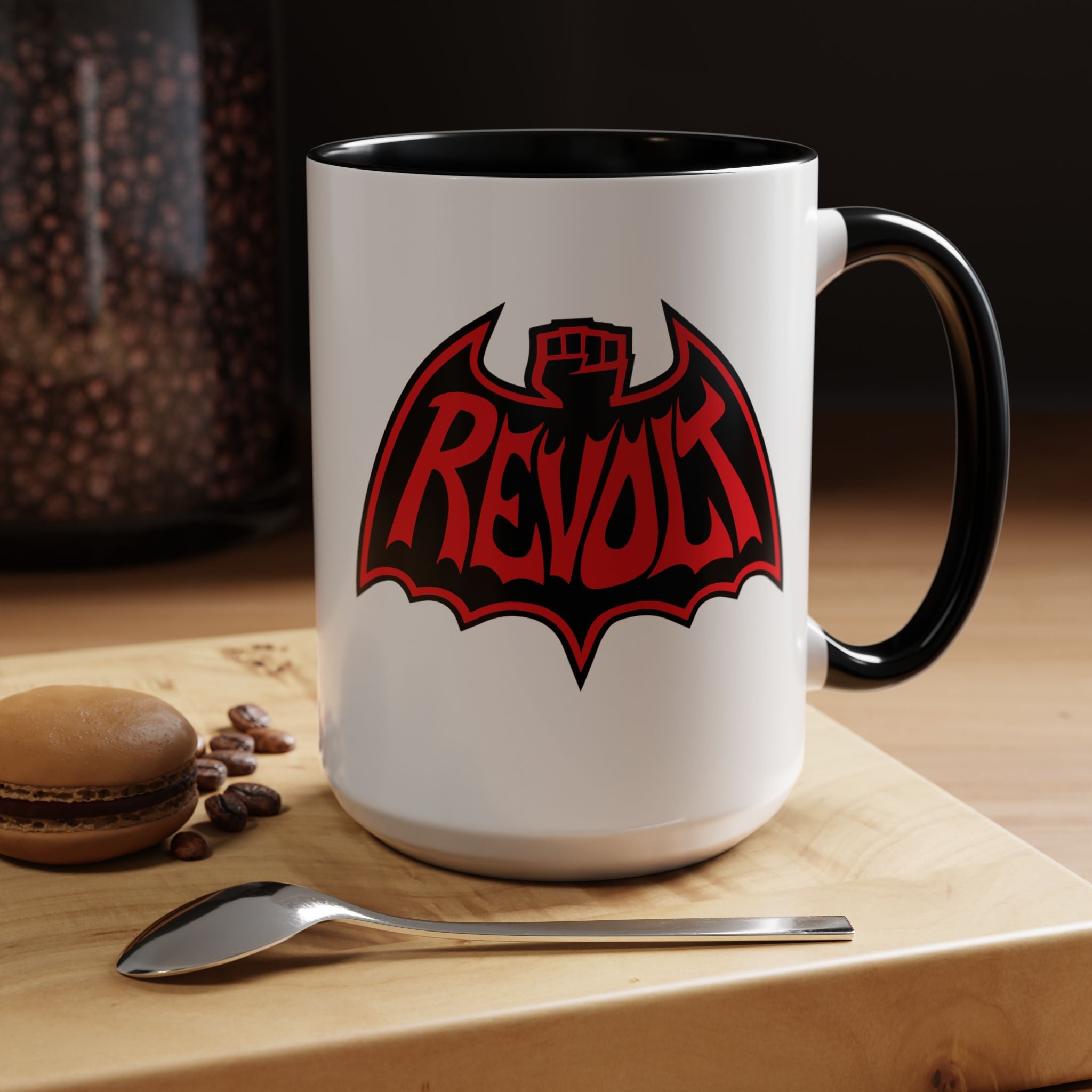Revolt Bat Coffee Mug — Bold Red & Black Accent Mug with Raised Fist Design